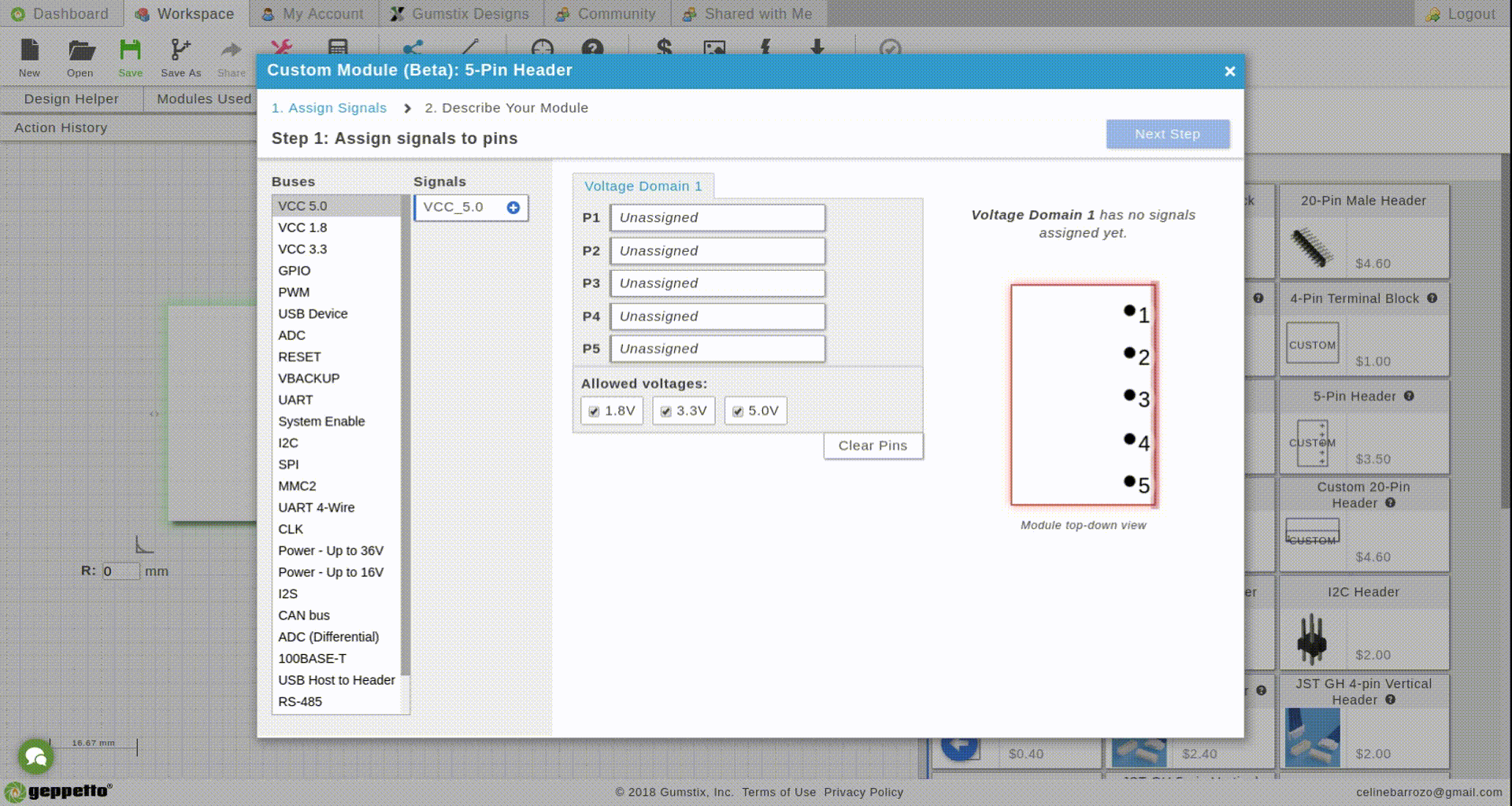 Select Buses and Add Signals to each pin of the custom header