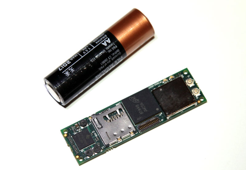 Overo board next to a battery